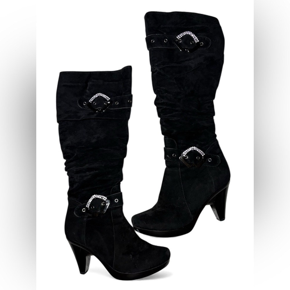 Y2k Black Knee High Buckle Details Women's Boots
